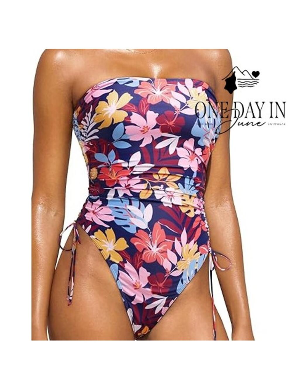 Yonique Floral Ruched One Piece Swimsuit Size M